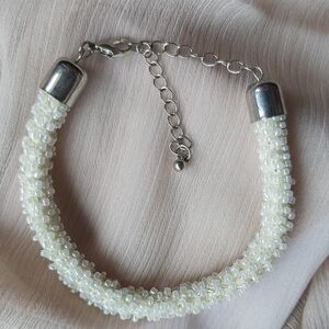 Cream and Silver Beaded Bracelet with Adjustable Chain